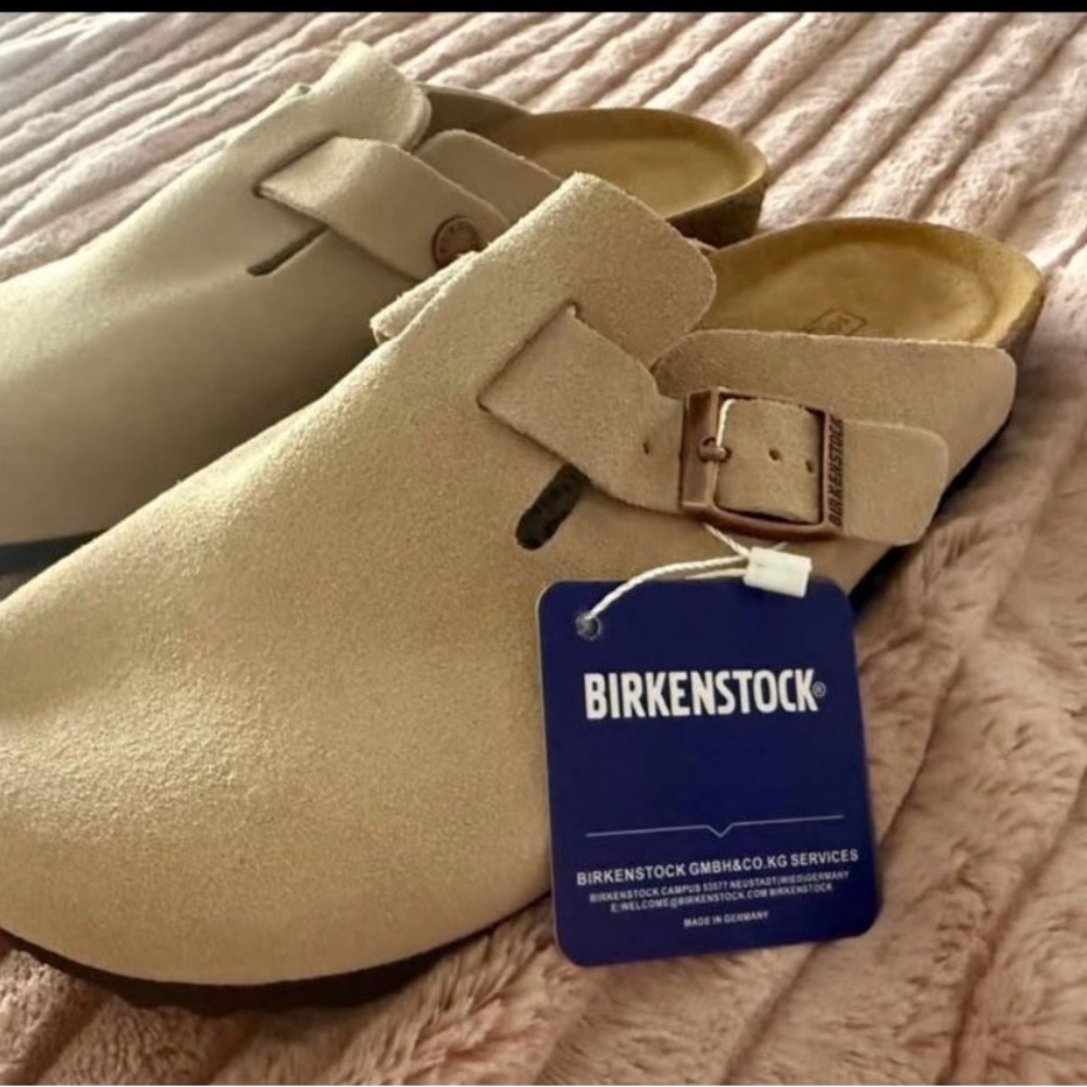 Birkenstock Suede Boston Clogs in Beige - Picture 2 of 2
